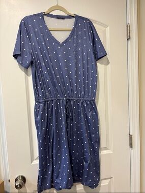 Polka Dot V-Neck Drawstring Midi Dress - Blue